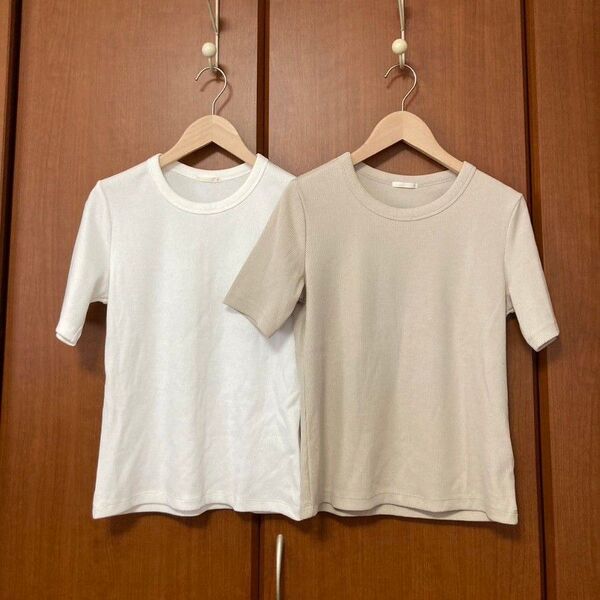 GU ジーユー リブ Tシャツ 半袖 ホワイト ベージュ 2枚セット M 新品