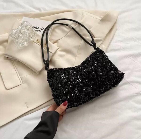新品 バック 肩かけ スパンコール ショルダーバッグ 黒 パーティー 結婚式 ハンドバック ミニバッグ 肩掛け