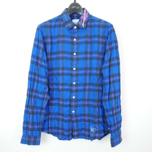 18SS uniform experiment ユニフォームエクスペリメント REGULAR COLLAR PRINT SHIRRING CHECK SHIRT 長袖 ロゴ刺繍 チェックシャツ BLUE 1