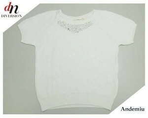 Andemiu アンデミュウ ビーズ コットン アクリル 半袖 ビジュー ビーズ装飾 サマーニット カットソー WHITE