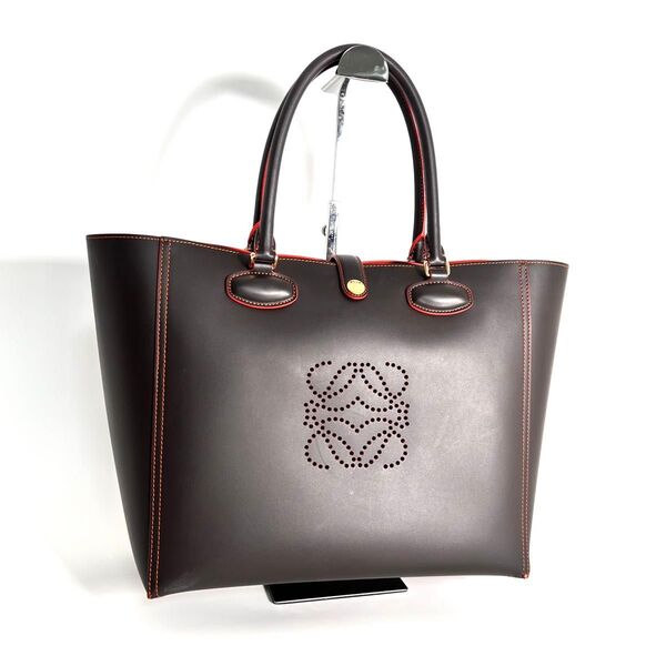 【価格相談可能】美品 LOEWE ロエベ レオ パンチングロゴ トートバッグ アナグラム ブラウン レザー ハンドバッグ オレンジ