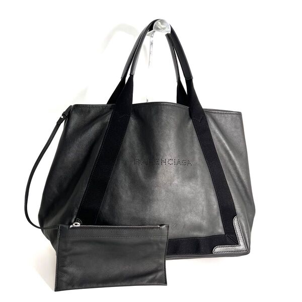 【価格相談可能】極美品 BALENCIAGA バレンシアガ ネイビーカバス M トートバッグ パンチング レザー ブラック ポーチ