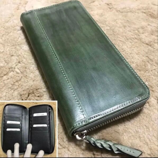 新作品 グリーン系 緑 ハンドメイド ブライドレザー ヌメ革本革 メンズ 長財布//小銭入れあり 人気商品