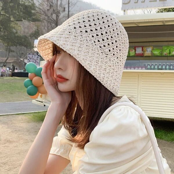 バケットハット 白 メッシュ ニット風 通気性 フリーサイズ ナチュラル 韓国 春夏 可愛い 麦わら帽子 日焼け防止 帽子