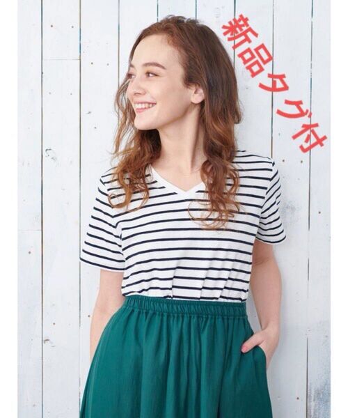 新品タグ付きイーハイフンVネックTシャツ白黒イーハイフンワールドギャラリー綿ボーダーTシャツ コットン ボーダーVネックTシャツ