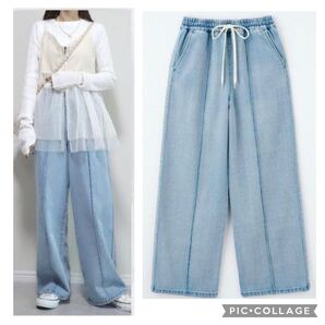 美品しまむらPenコラボLワイドデニム ワイドパンツしまデニ ライン イージーパンツ デニムパンツ