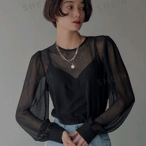 SHEINシーイン パフスリーブ 長袖ブラウス ブラック M相応
