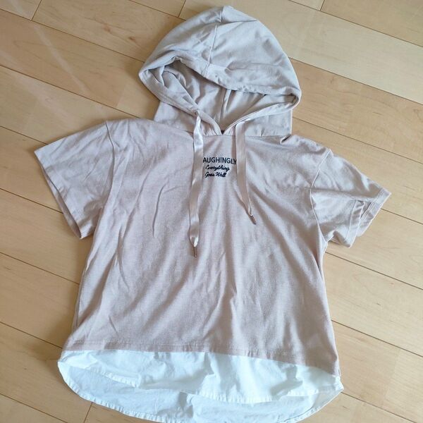 半袖 150 フード パーカー トップス 女の子 ベージュ 夏 春 半袖パーカー 綿 Tシャツ シャツ