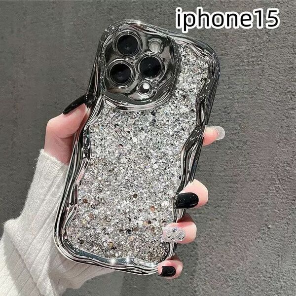 iphone15ケース カーバー キラキラ お洒落軽量耐衝撃 シルバー
