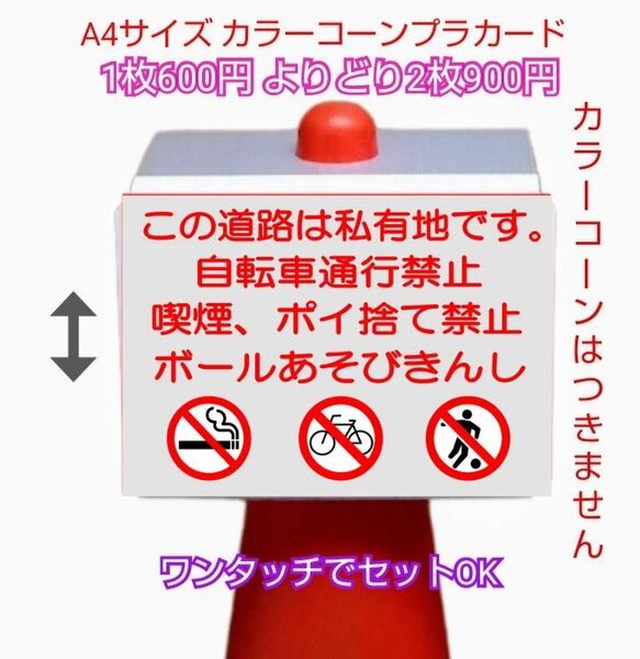 A4サイズカラーコーンプラカード393『この道路は私有地です自転車通行禁止喫煙ポイ捨てボール遊び禁止』
