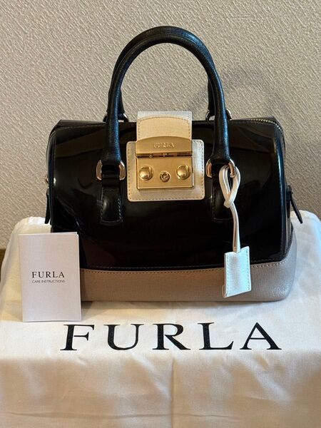 FURLA キャンディ ハンドバッグ レザーコンビ フラップ付きボストン