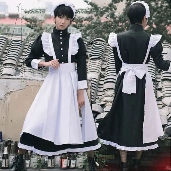 コスプレ英国風メイド服 フリル付き 黒と白 M Lサイズ