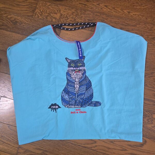 エコバッグ 水色 猫 刺繍サイズL