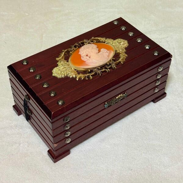 希少 木製 時代物 ジュエリーボックス 小物入れ カメオ風 オレンジ ゴールド musical box