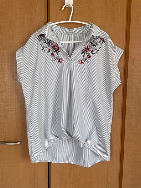 レディース 花刺繍ブラウス L ボーダー