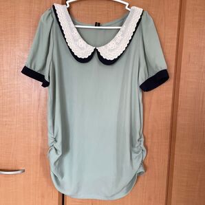 レース付き二重襟 半袖ブラウス グリーン L