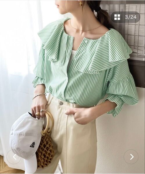 新品 CLASSICAL ELF ラッフルBIGカラーストライプ&ドットシャツ L ゆったり 2way前後着