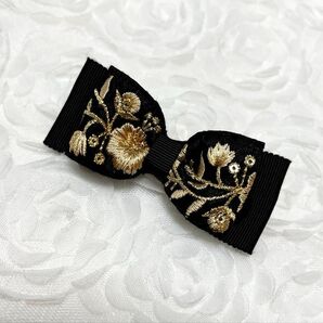 ヘアークリップ☆インド刺繍リボン☆ブラック&ゴールド☆リボン☆ハンドメイド