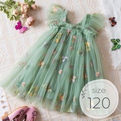 女の子 ドレス 120 チュール 花 羽 リングガール 結婚式 発表会 緑