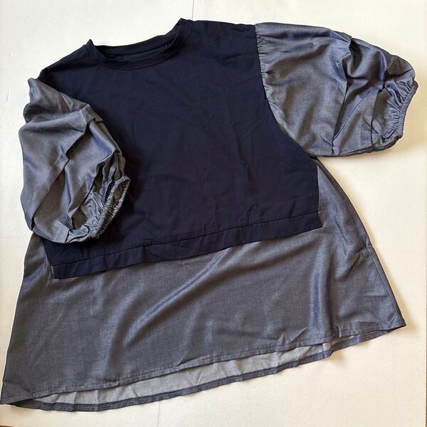 Atelier six パフスリーブ チュニック 半袖シャツ 紺 ツヤ感 ナチュラル 美品 サイズフリー