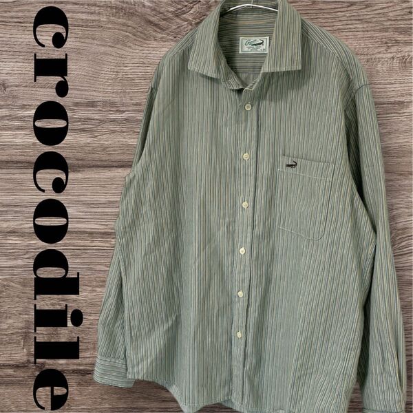 CROCODILE クロコダイル 長袖シャツ カジュアルシャツ トップス メンズ L グリーン ストライプ柄 ボーダー柄