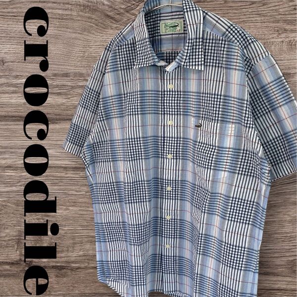 CROCODILE クロコダイル チェック柄シャツ 半袖シャツ カジュアルシャツ トップス 半袖 チェック柄 メンズ M ブルー