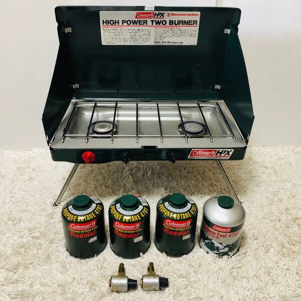 Coleman ハイパワー ツーバーナーコンロ レギュレーター、新品ガス4個付き