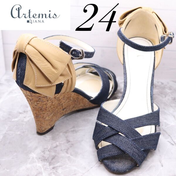 【極美品】artemis by dianaアルテミスバイダイアナ ストラップ コルクヒール デニムパンプス リボン 24 ウエッジ