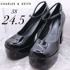 charles&keithチャールズアンドキース エナメル厚底パンプス 24.5 アンクルストラップ