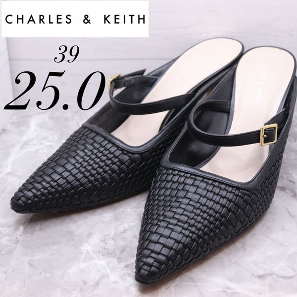 チャールズアンドキース メッシュパンプス 黒 25 ミュール ストラップ charles&keith