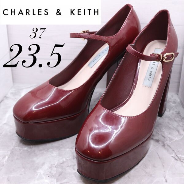 チャールズアンドキース 赤 エナメルパンプス ストラップ 23.5 ボルドー charles&keith 厚底