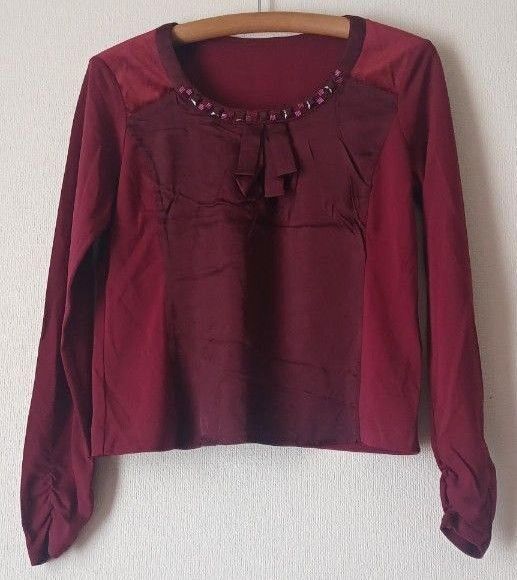 HIROKO BIS ヒロコビス ボルドー長袖カットソー 11装飾ブラウス トップス 異素材ミックス
