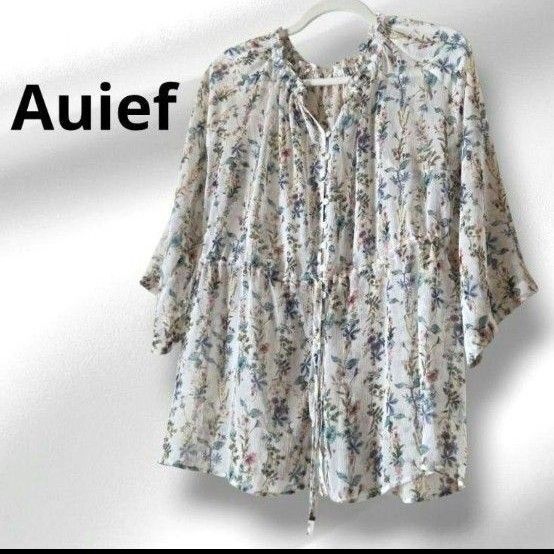 美品 Auief アウィーエフ 花柄ブラウス ギャザーネック トップス フリル シフォン プリントブラウス