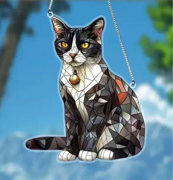 ハチワレ猫 ねこ雑貨 ステンドグラス風 サンキャッチャー 壁掛け 067
