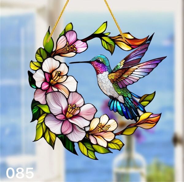 ハチドリとピンクの花のリース ステンドグラス風 サンキャッチャー 壁掛け 085