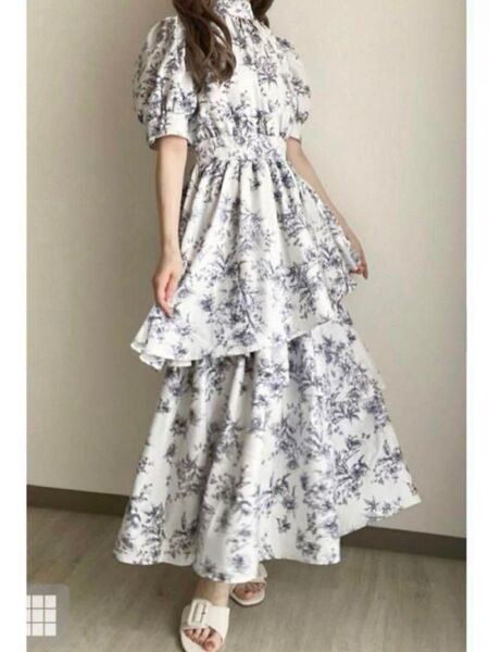 バックリボン 花柄 ティアード ワンピース