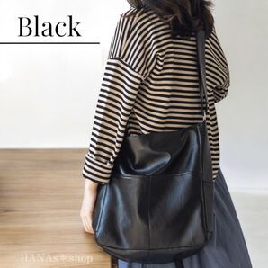 ショルダーバッグ 斜めがけ ブラック PUレザー マチ広め レディース 大容量 可愛い おしゃれ ファスナー付き ポケット多め 黒