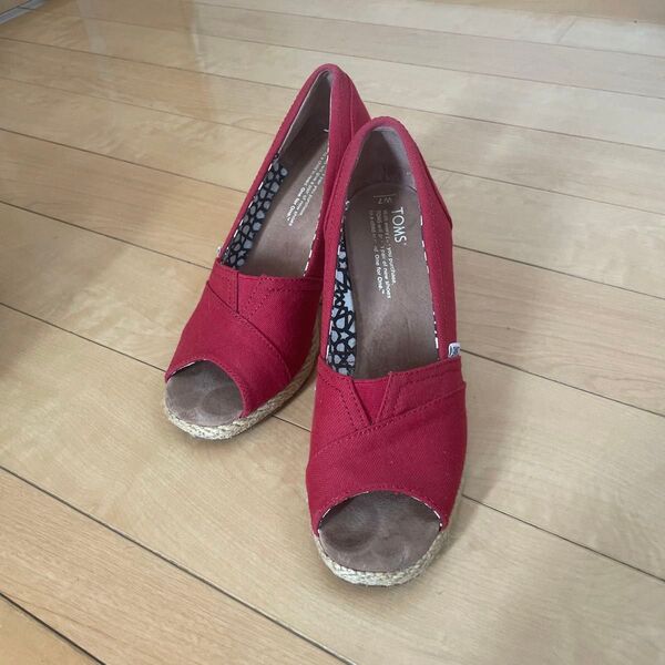 TOMS オープントゥ ウェッジソール サンダル レッド 7 1/2