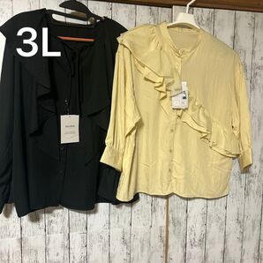 3L myuwa 、あやのコラボ フリルブラウス 2枚セットブラック イエロー 未使用