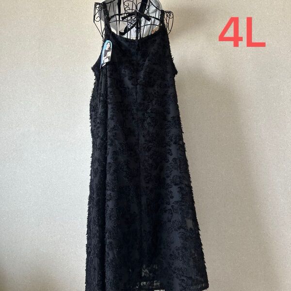 4L 新品未使用 ワンピース 花柄 黒 帽子付