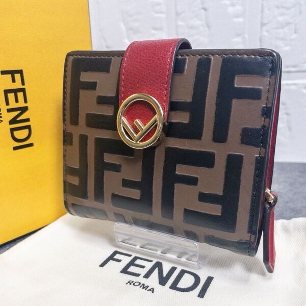 ☆良品☆フェンディFENDI エフイズフェンディ二つ折り財布 ズッカエンボス本革レザー ズッカ×レッド【付属品完備】