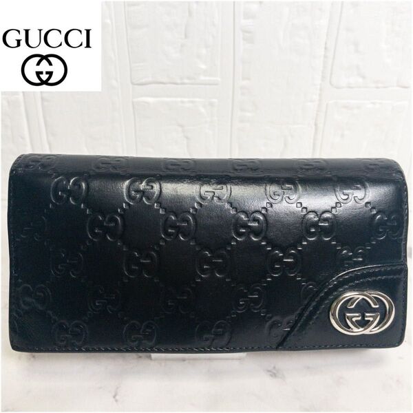 GUCCI グッチ長財布シマGG インターロッキングロゴシルバー金具 シマレザー本革ブラック 男女兼用