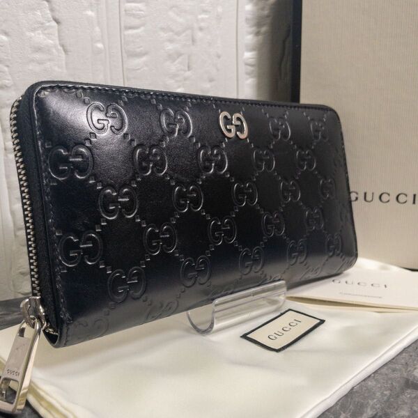 【極美品】GUCCI シグネチャージップアラウンドウォレットラウンドファスナー長財布グッチシマカーフレザーブラック×シルバー金具