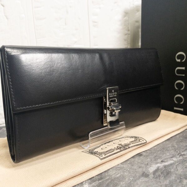 週末限定価格【美品/希少】★入手困難★GUCCIグッチ 二つ折り長財布財ジャッキー 0350959 本革レザー 黒 シルバー金具