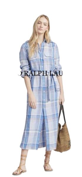 POLO RALPH LAUREN リネン シャツワンピース ロング丈 ベルト付