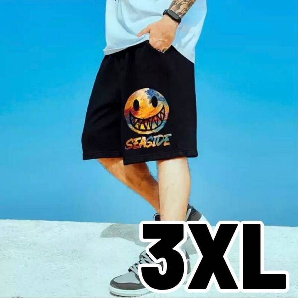 ☆値下げ☆メンズ ハーフパンツ スマイル ブラック 3XL ストリート ビッグサイズ 韓国