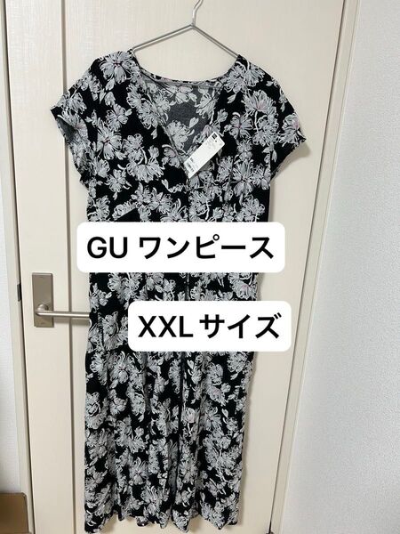 GU Vネック プリントワンピース 半袖 花柄 XXLサイズ 未使用 両サイドポケット付き