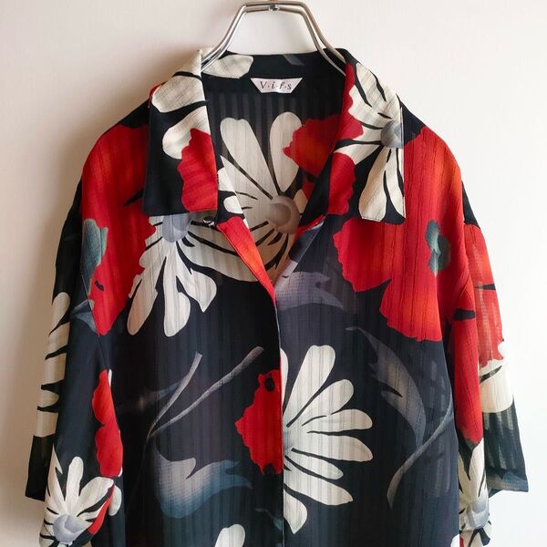 花柄 ストライプ 柄シャツ 黒 オレンジ 白 ビンテージ ヴィンテージ 90s