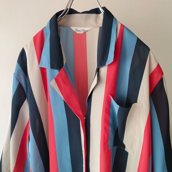 ストライプ柄 柄シャツ ネイビー 白 ビンテージ ヴィンテージ 80s 90s