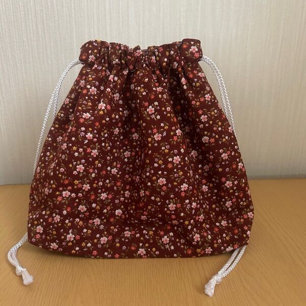花柄巾着袋 茶色 小物入れ ハンドメイド